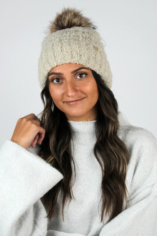 Boucle Beanie with Faux Fur Pom