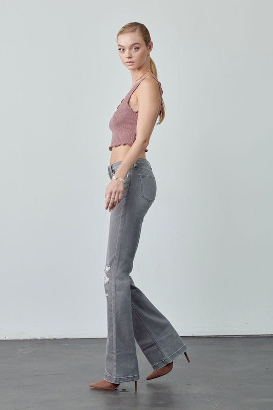 Kan Can Light Grey Distressed Flare Jeans