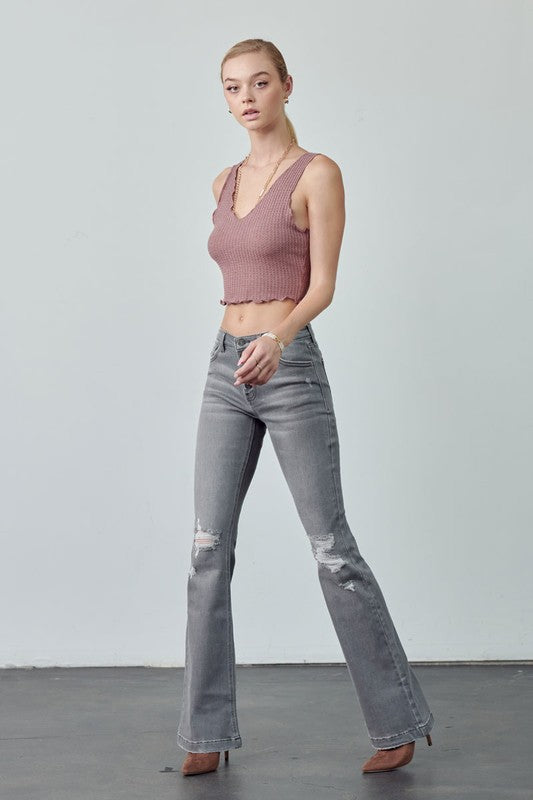 Kan Can Light Grey Distressed Flare Jeans